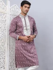 Jompers Floral Sequins Embroidered Mandarin Collar Straight Kurta