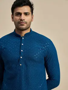 Anouk Teal Embroidered Mandarin Collar Sequins Straight Kurta