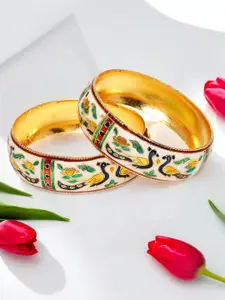 Anouk Gold-Toned Set Of 2 Meenakari Peacock Design Textured Bangles