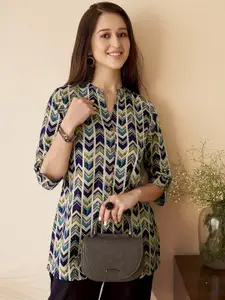 Anouk Blue Chevron Printed Mandarin Collar Pure Cotton A-Line Short Kurti