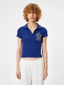 Koton Women Graphic Printed Polo Collar Cotton Slim Fit T-Shirt