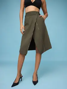 FREAKINS Women Asymmetric Front Slit A-Line Knee Length Skirt