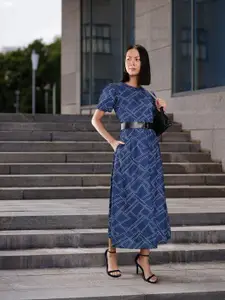 Chemistry Printed Puff Sleeves A-Line Midi Dress with Belt