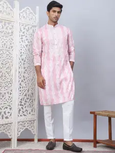 Jompers Tie-Dye & Floral Embroidered Sequinned Mandarin Collar Straight Kurta with Pyjamas