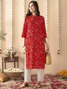 Anouk Red & White Bandhani Printed Band Collar Straight Kurta