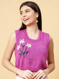 Velvery Women Floral Sweater Vest with Applique Detail