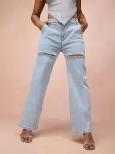 FREAKINS Women Straight Fit High-Rise Slash Knee Cotton Light Fade Jeans