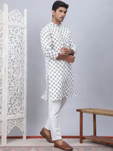 Jompers Floral Embroidered Mandarin Collar Thread Work Straight Kurta With Pyjamas