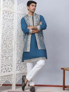 Jompers Floral Embroidered Mandarin Collar Straight Kurta with Pyjama & Waistcoat
