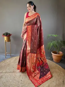 DEVATITHI Ethnic Motifs Zari Silk Blend Paithani Brown Saree