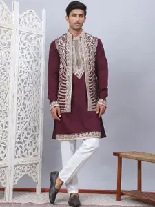 Jompers Floral Embroidered Mandarin Collar Straight Kurta with Pyjama & Waistcoat