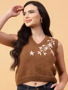 Velvery Women Floral Sweater Vest with Applique Detail