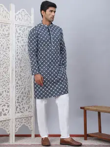 Jompers Floral Embroidered Mandarin Collar Sequinned Straight Kurta With Pyjamas