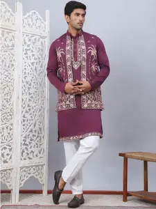 Jompers Floral Embroidered Mandarin Collar Straight Kurta with Pyjama & Waistcoat