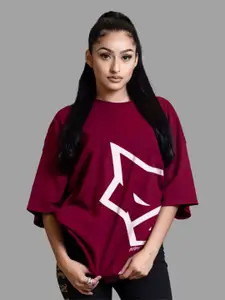 Leotude Women Abstract Printed Round Neck Cotton Oversized T-Shirt