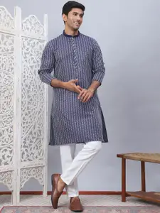 Anouk Navy Blue Geometric Printed Straight Kurta With Pyjama