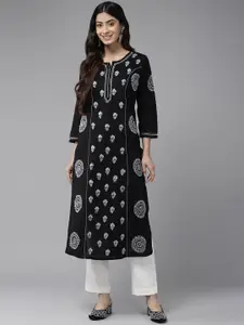 ADA Floral Embroidered Notch Neck Lucknowi Chikankari Cotton Straight Kurta