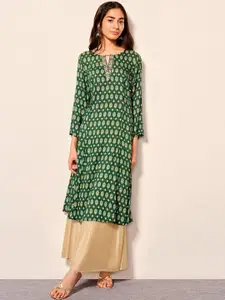 Global Desi Ethnic Motifs Printed Keyhole Neck A-Line Kurta