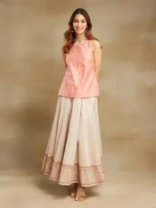 Fabindia Embroidered Cotton Silk Top With Skirt