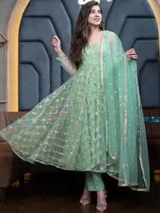 KALINI Checked Embroidered Zari Satin Semi-Stitched Dress Material