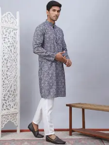 Anouk Grey Paisley Printed Band Collar Straight Kurta With Pyjama