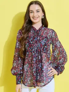 ANVI Be Yourself Floral Printed Tie-Ups Neck Chiffon Casual Shirt