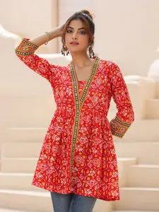 Rain & Rainbow Floral Printed Cotton Empire Longline Top