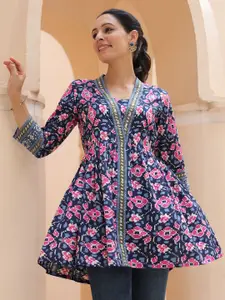 Rain & Rainbow Floral Printed V-Neck A-Line Cotton Top