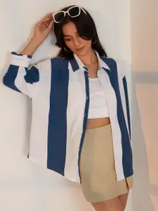 PINACOLADA Women Comfort Spread Collar Striped Cotton Boxy Casual Shirt