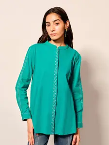 Global Desi Women Floral Printed Embroidered Mandarin Collar Cotton Top