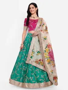 FABPIXEL Floral Embroidered Zardozi Semi-Stitched Lehenga & Unstitched Blouse With Dupatta
