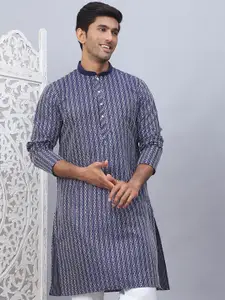 Anouk Navy Blue Geometric Embroidered Sequinned Mandarin Collar Silk Cotton Straight Kurta