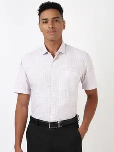 Peter England Men Spread Collar Grid Tattersall Checked Polycotton Formal Shirt