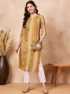Anouk Mustard Floral Printed Sequins Straight Kurta