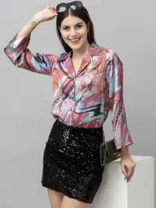 PURYS Women Smart Cuban Collar Abstract Printed Casual Shirt