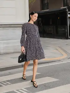 Chemistry Geometric Printed Bow Detail Puff Sleeves A-Line Mini Dress