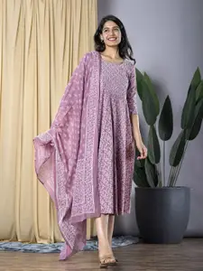 KALINI Women Ethnic Motifs Print Cotton Fit & Flare Midi Dress with Dupatta