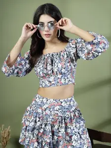 Oomph! Women Floral Printed Bell Sleeve Blouson Crop Top