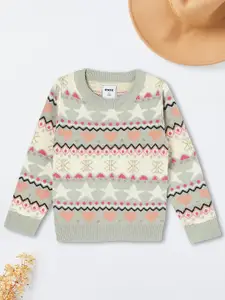 max Girls Acrylic Printed Round Neck Pullover Long Sleeves Sweaters