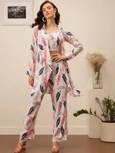 ATRAENTA Floral Printed Crop Top & Trousers With Shrug
