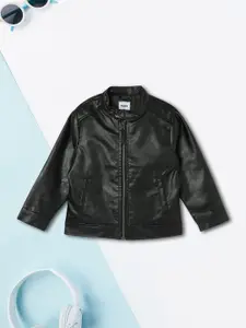 max Boys Polyester Crop Biker Jacket with Patchwork