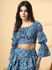 Oomph! Women Floral Print Bell Sleeve Crepe Crop Top