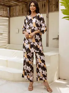 HUKUM Notch Neck Floral Printed Pure Silk Top & Palazzos