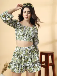 Oomph! Women Floral Printed Tie-Ups Gathered Blouson Crop Top