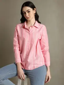 DL Woman Spread Collar Vertical Striped Cotton Relaxed Fit Casual Shirt