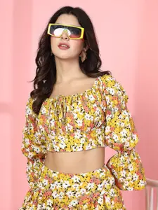 Oomph! Women Floral Printed Bell Sleeve Blouson Crop Top