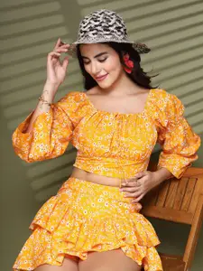 Oomph! Women Floral Printed Gathered Tie-Ups Regular Crop Top