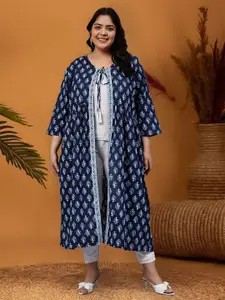 Indietoga Plus Size Floral Printed Tasselled Longline Cotton Ethnic Tie-Up Shrug