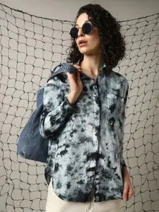 Hubberholme Women Relaxed Spread Collar Abstract Printed Cotton Oversized Casual Shirt