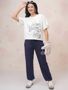 Tokyo Talkies White Disney Mickey Mouse Printed Round Neck T Shirt & Jogger